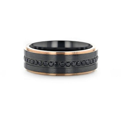 ASTRO Flat Brushed Black Titanium Ring with Rose Gold Plated Edge and Black Sapphire Settings All Around - 8mm